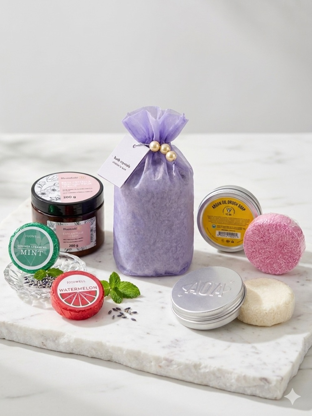 Pier 1 Jojowell Bloomfield AOA Bath Crystals Shower Steamer Brush Soap Bundle